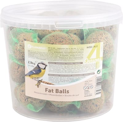 Vogelvoer – Flamingo Four Seasons Mezenbollen met net – emmer 35 stuks – 2.9 kg – rijk aan zaden & vetten – voor buitenvogels