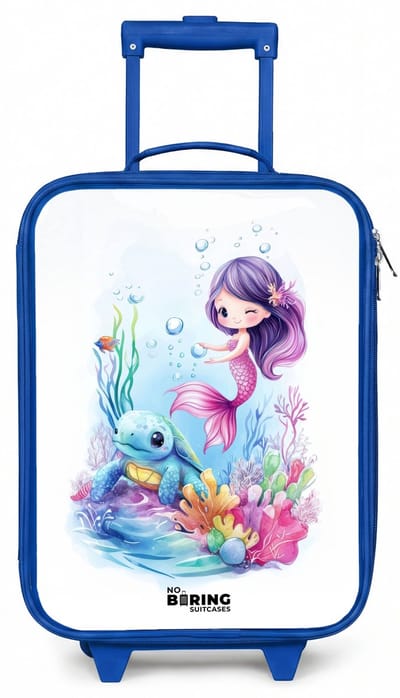 NoBoringSuitcases.com® - Kinderkoffer blauw - Kindertrolley jongen - Zeemeermin met blauw schildpad tussen koraal - Koffer kind lichtgewicht - Reiskoffer trolley voor kinderen - Koffertje met lichtgevende wieltjes - Rolkoffer