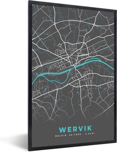 Fotolijst incl. Poster - Kaart – Plattegrond – Stadskaart – Wervik – België - Grijs - 40x60 cm - Posterlijst