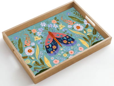 Dienblad hout 50x35 cm - Schootdienblad - Vlinder - Sierlijk - Bloemen - Bladeren - Borrelplank rechthoek - Plateau dienbladen