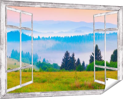 Gards Tuinposter Doorkijk Mistige Heuvel Landschap met Bossen - 150x100 cm - Tuindoek - Tuindecoratie - Wanddecoratie buiten - Tuinschilderij