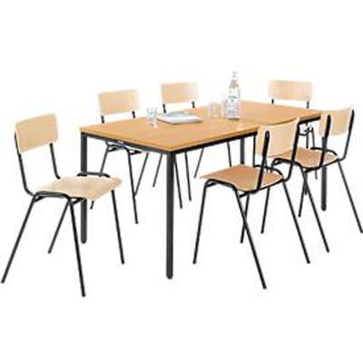 Tafel met stalen buizen met 6 stapelstoelen, onderstel tafel zwart/stoel bruin