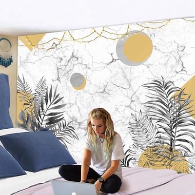 Tapisserie murale en polyester motif feuilles de palmier, soleil, lune, bohème, psychédélique, simple, impression, décoration 95x70CM gray