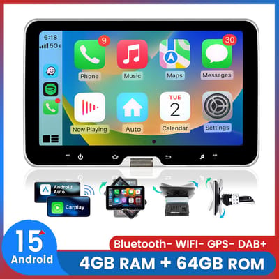 Awesafe 1DIN Autoradio - Android 15.0 Systeem - Draadloos Apple CarPlay & Android Auto - 10.1 inch HD verstelbaar scherm - USB, Aux, Bluetooth - GPS Navigatie - RAM 4GB + ROM 64GB - Met ventilator