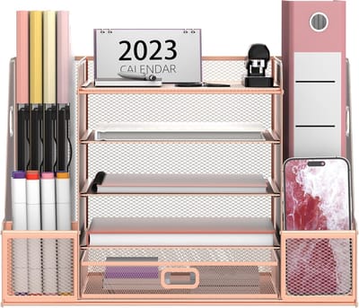 Bureau Organizer - Papierhouder Brievenbak - Kantoor Werkplek - 5 Lagen Ontwerp - 42x11.5x31.5 cm - Rosé Goud