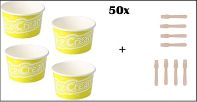 50x IJsbeker IceCream 240ml lime/geel karton + 50x Houten ijslepel - schepijs softijs ijsje zomer beker ijs warm weer fun