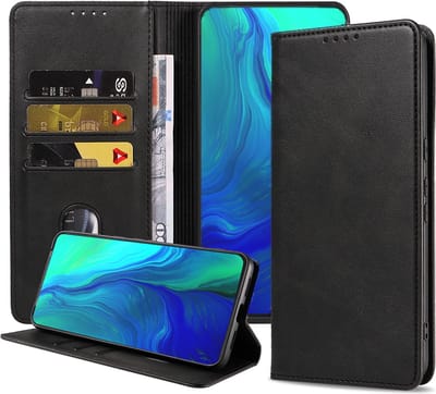 Smartphonica Telefoonhoesje geschikt voor Oppo Reno kunstleren Hoesje met Magnetische sluiting en Pasjeshouders Book Case met Klepje - Zwart geschikt voor Oppo Reno
