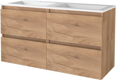 Basic Start 46 badmeubelset met greeploze wastafelonderkast met 4 lades en acryl wastafel met 2 kraangaten 120 x 46 cm, whisky oak