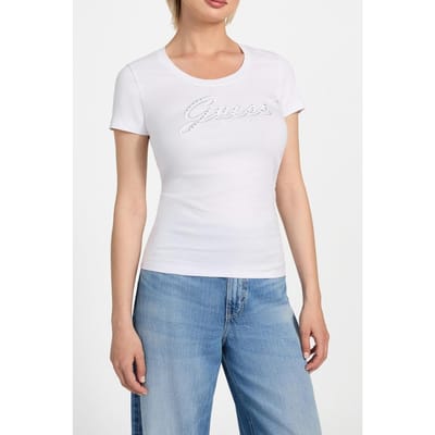 GUESS Cn Ss Embro Script L Pure White Taglia: XS | Maglie Sportivi Outlet | Donna | Bianco