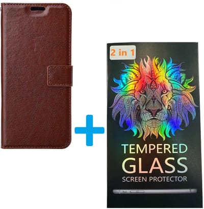 Portemonnee Book Case Hoesje + 2x Screenprotector Glas Geschikt voor: Samsung Galaxy A15 - Bruin
