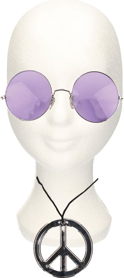 Smiffys Hippie Flower Power verkleed set - peace ketting - en ronde glazen party bril - paars - volwassenen