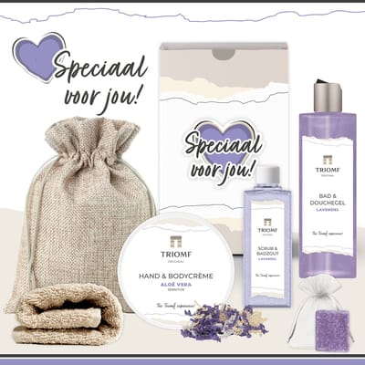 Geschenkset “Speciaal voor jou!” - 6 producten - 680 gram - Triomf Cosmetica | Paars Giftset voor haar Cadeau Lavendel Luxe wellness cadeaubox Vrouw Speciaal voor Jou Cadeaupakket Moederdag Geschenk Moeder Verjaardag Gift Set Valentijn Vriendin