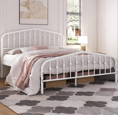 Metalen Bedframe 160x200 - Piepvrij Tweepersoonsbed met Vintage Hoofdeinde - Stevig Stalen Bed met Lattenbodem en Opbergruimte - Wit Bedframe voor Slaapkamer en Logeerkamer - Tweepersoonsbed Metaal