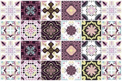 Set 24 Tegelstickers met vrolijk gekleurd Design - 15x15CM - Zelfklevende Tegels voor badkamer, keuken, meubels - Plaktegels Roze/Paars