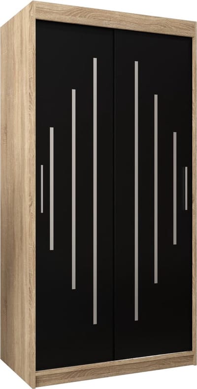 InspireMe - Kledingkast met 2 schuifdeuren, Modern-stijl, Een kledingkast met planken (BxHxD): 100x200x62 - MALTESE 100 Sonoma Eik + Zwart Mat