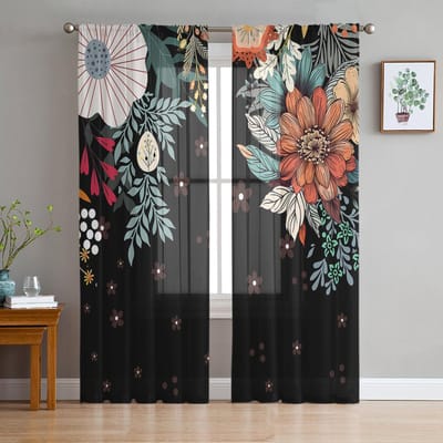 Boheemse Abstracte Stijl Bloemen Planten Zwarte Transparante Gordijnen voor Woonkamer Decoratie Raamgordijnen Keuken Tule Voile Gordijnen W135 x H115cm x1 gray