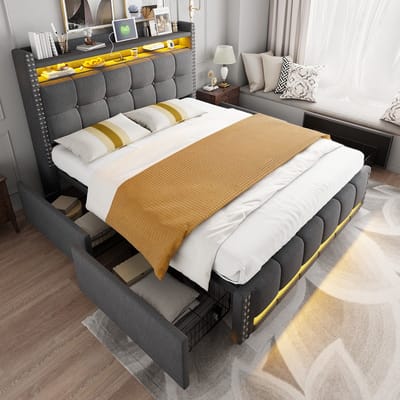 Sweiko Gestoffeerd bed - 140*200 cm - LED-verlichting - USB-poort - 4 laden - Grijs