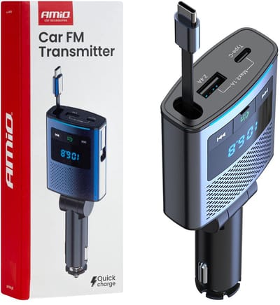 AMiO Car FM Transmitter – Bluetooth – USB-A en USB-C – Ingebouwde Uittrekbare USB-C Kabel – 12V/24V – Handsfree en Snelladen