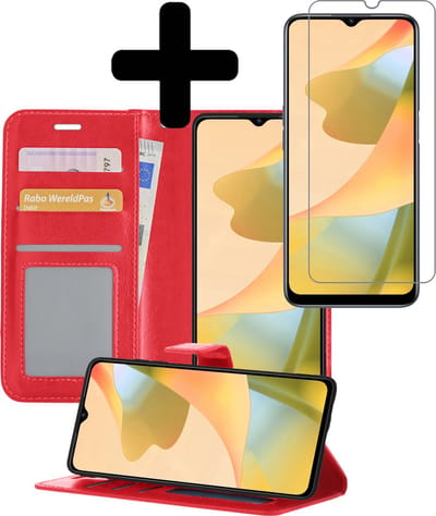 Hoesje - Met Screenprotector - Geschikt voor OPPO A16 - Luxe Pasjeshouder - Bookcase Portemonee - Flip Case - Kunstleer Book Case - Flipcase - Book Cover - Walletcase - Portemonneehoes - Telefoonhoesjes - Rood