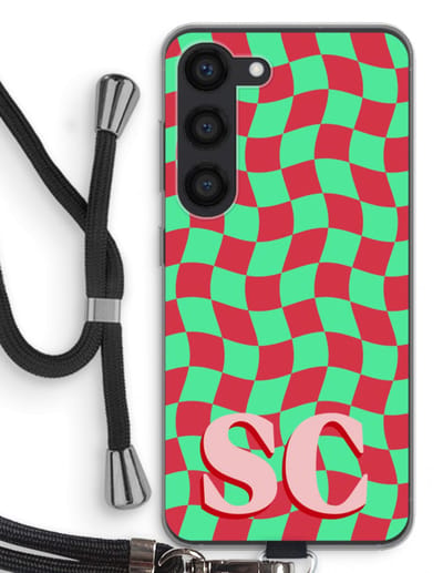 Gepersonaliseerd - Case Company® - Hoesje met koord geschikt voor Samsung Galaxy S23 hoesje met Koord - Grid Monogram - Telefoonhoesje met Zwart Koord - Bescherming aan alle Kanten en Over de Schermrand