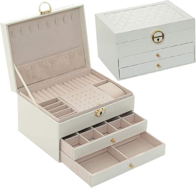 ATV PERFECTUM Sieradendoos Wit - Juwelendoos 3 lagen - Luxe Sieraden Doos Dames - Sieradenhouder - Tijdloos Design - Kunstleer Ketting, Armband, Ring, Oorbellen & Horloges Bijouteriedoos