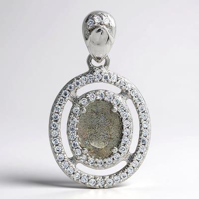 Cavill - 925 Sterling Zilveren Hanger met Ovale Labradoriet 0,92 ct en 64 Zirkonia’s 0,465 ct - Elegant Zilveren Sieraad 24x14 mm