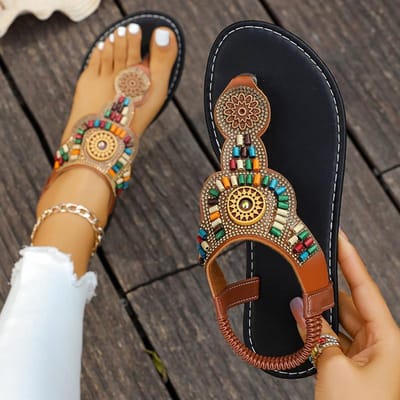 Bohemian Stijl Kleurrijke Kralen Platte Sandalen Dames Zomer Clip Teen Romeinse Sandalen Vrouw Antislip Strand Slippers 43 black