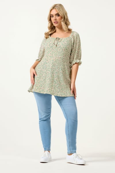 Yours Groene Getextureerde Melkmeisjestop Met Fijne Bloemenprint Size 46