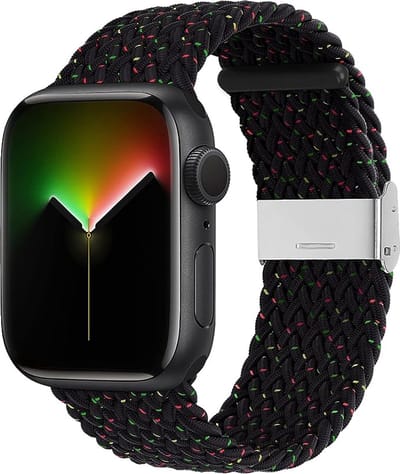 Stravo Gevlochten Nylon Bandje - Geschikt voor Apple Watch 42mm (Series 11/10), 41mm (Series 9/8/7), 40mm (Series 6/5/4/SE 1/2/3), 38mm (Series 3/2/1) - Verstelbaar elastisch Apple Watch Horlogebandje met gesp - Zwart/dots