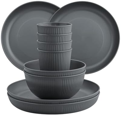Ultiluxe® Camping Serviesset - 12 Stuks - Picknick Servies - Kampeerservies - 4 Personen - Outdoor Servies - Stapelbaar - BPA-vrij - Grijs