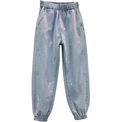 WTEMPO Dames Herfst Grote Maten Broek S-5XL Strass Casual Broek Vrouwelijk Winter Effen Kleur Elastische Taille Losse Lange Broek M blauw