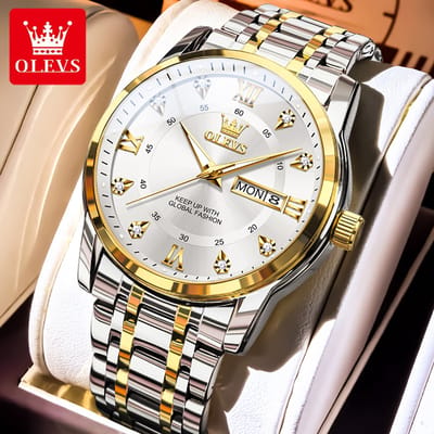HO-3619.gz : Olevs goud/zilverkl edelstaal quartz horloge, gouden Draak Tenglong & Feilong, kalenderdag