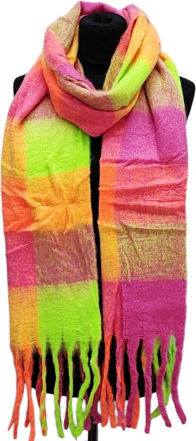Lange Warme Sjaal - Geblokt - Oranje/Roze - 240 x 44 cm (24114#)