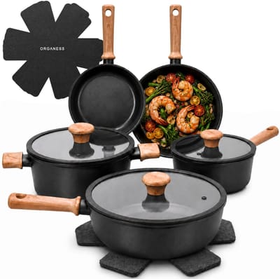 Organess 12-delige Pannenset met Deksels - Set met 6 Kookpotten, Koekenpannen & Steelpannen - Koekenpannenset - Kookpottenset - Inductie - Aluminium - Zwart
