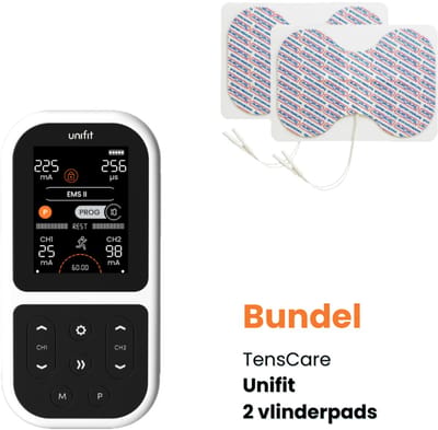 TensCare – Bundel Unifit + 2 pads vlindervorm (1 set) | - Dubbelkanaals TENS Apparaat en EMS Spierstimulator – 12 TENS programma's - Elektrodentherapie - Spierstimulator - Pijntherapie