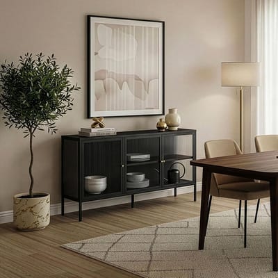Vitrinekast - Opbergkast - Woonkamer - Geribbelde glasdeuren - 80x150x40 cm - Zwart
