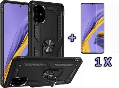 HB Hoesje Geschikt voor Samsung Galaxy A51 - Anti-Shock Hybrid Armor Back Cover - Hoes met Kickstand Ring & Glazen Screenprotector - Zwart