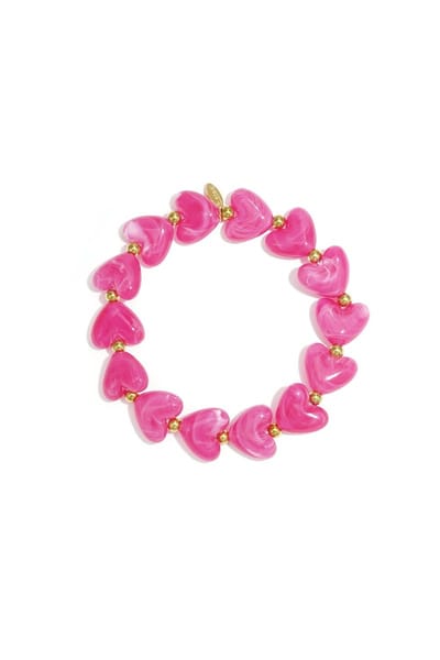 Felroze armband met hartjes – goudkleurige details – elastisch
