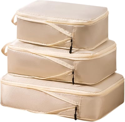 Ruimtebesparende Zakken - Compressiezakken Opbergzakken - Efficiënt Opbergen - Tot 80% Volume Reductie - 3 Stuks - Beige