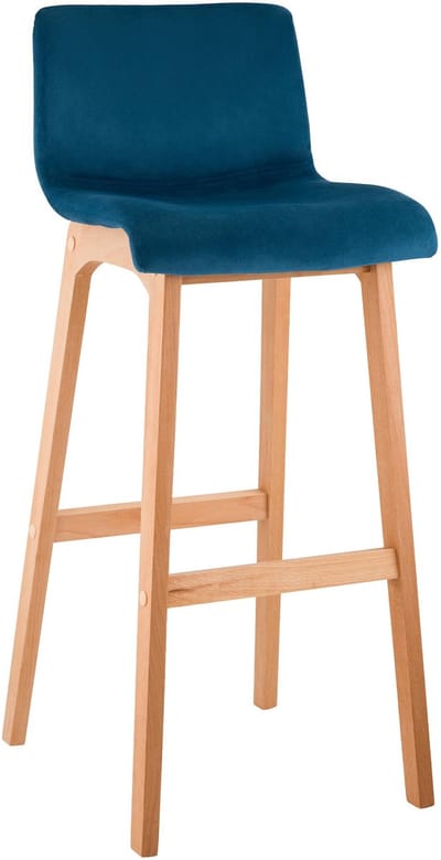 CLP Barkruk Hover - met rugleuning - hout - vierpoot frame uit natura hout - velvet - fluweel - blauw/natura