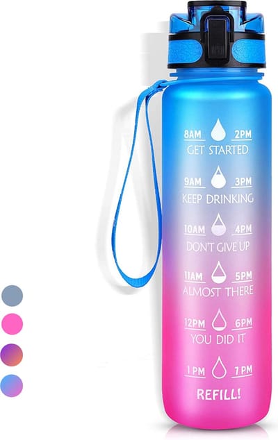 LaCardia Motivatie Waterfles 1 Liter - Drinkfles met Fruitfilter & Tijdmarkering - BPA vrij - Drinkbus Voor Kinderen en Volwassenen - Sportfles & Travel mug - Blauw Roze