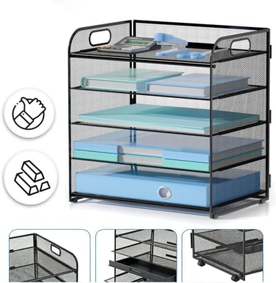 5-Laags Bureau-Documentenrek Met Handgrepen - Draagbare Metalen Organizer Gepolijste Afwerking - Montage Zonder Gereedschap Compact - Ideaal Voor Kantoor Thuis En School