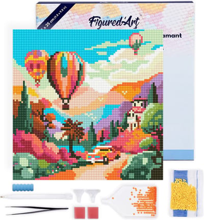 Figured'Art Mini Diamond Painting set Volwassenen 25x25 cm met lijst Ballonnen boven de Vallei - 5D DIY Art full drill ronde diamant - Canvas al ingelijst