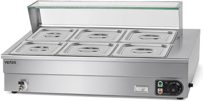 VERTES Gerechtenverwarmer Buffetverwarmer Warmhoudbak voor gerechten Elektrisch 1500 W van roestvrij staal (incl. 6 x 1/2 GN-bakken met deksel, 10 l, aftapkraan, glazen afdekking, bain-marie, 30-85 °C)