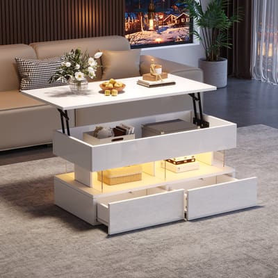 Wishdor Verstelbare salontafel 100×50×46 cm – wit hoogglans, hydraulische lift, 2 lades en Bluetooth-LED