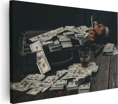 Artaza Canvas Schilderij Maffia - 30x20 cm - Klein - Wanddecoratie Dollar Biljetten - Muurdecoratie Koffer Geld - Schilderijen Op Canvas Gangster