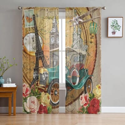 Reis Om De Wereld Vintage Poster Transparante Gordijnen voor Woonkamer Tule Raamgordijn Slaapkamer Keuken Voile Drapes 135W x 114H(cm) beige