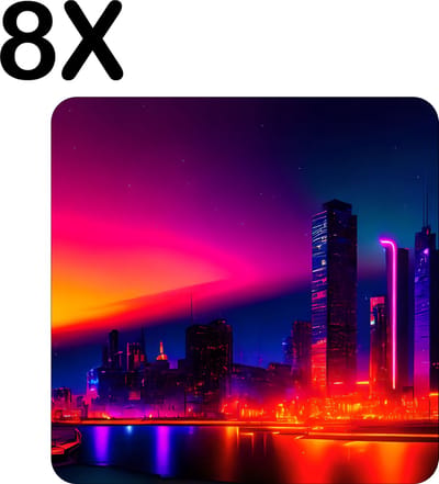 Luxe Placemat - Stad aan het Water in Neon Kleuren - Set van 8 Placemats - 50x50 cm - 2 mm dik Vinyl - Anti Slip - Afneembaar