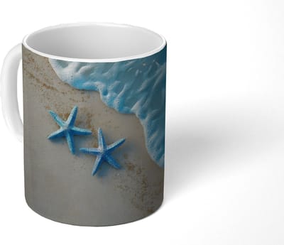 Mok - Koffiemok - Zeesterren - Zand - Zee - Blauw - Mokken - 350 ML - Beker - Koffiemokken - Theemok