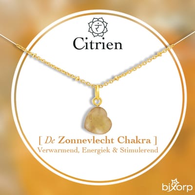 Bixorp Citrien Hartje Ketting - Edelsteen Zonnevlecht Chakra Hanger - Roestvrij Staal met Verguld Goud - 36+8cm